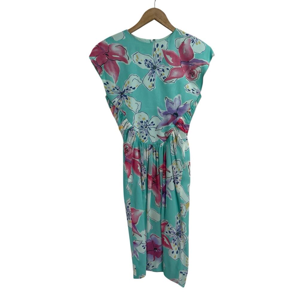 Vintage 80s Morton Myles Blue Floral Pleated Waist Rushed Dress Size 8 USA Made